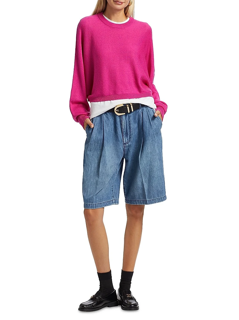 Pleated Denim Bermuda Shorts