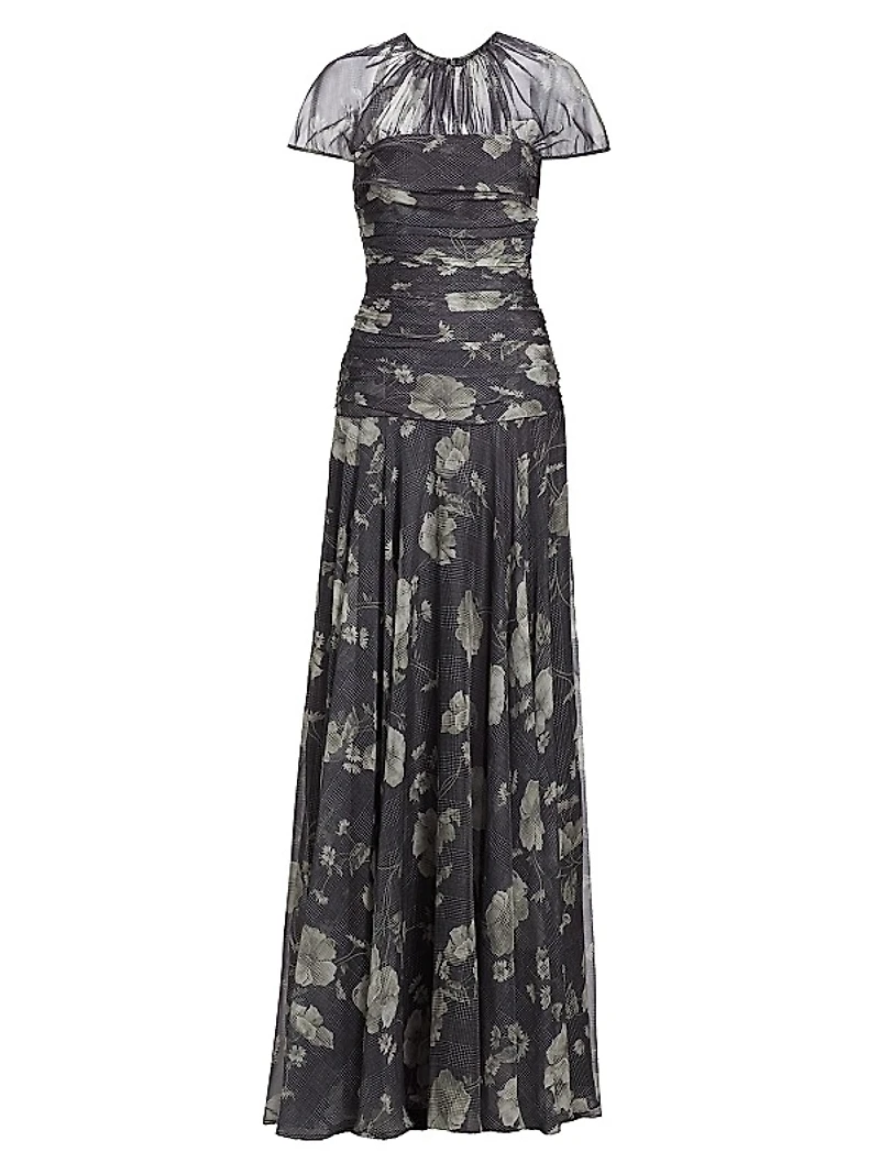Ruched Floral Chiffon Gown