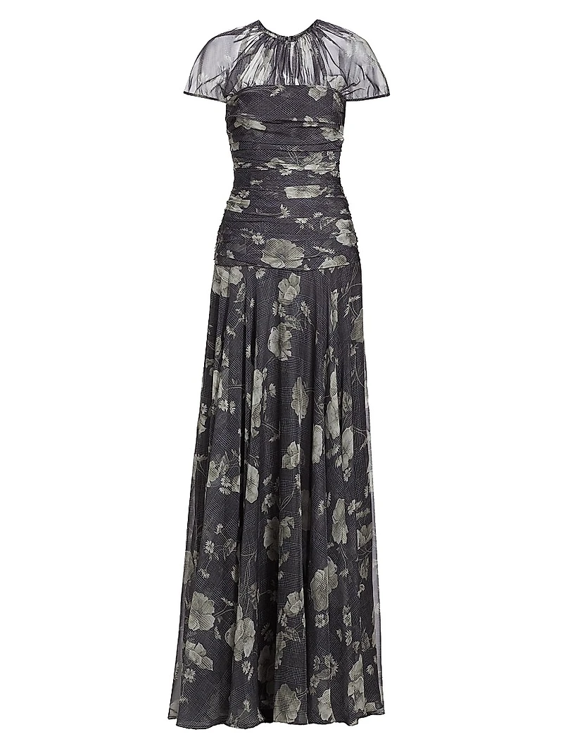 Ruched Floral Chiffon Gown