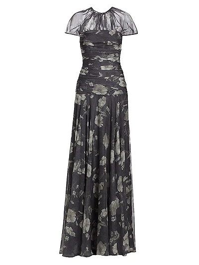 Ruched Floral Chiffon Gown