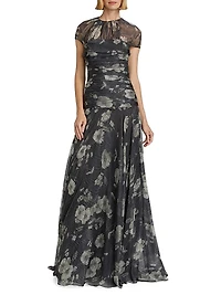 Ruched Floral Chiffon Gown