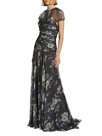 Ruched Floral Chiffon Gown