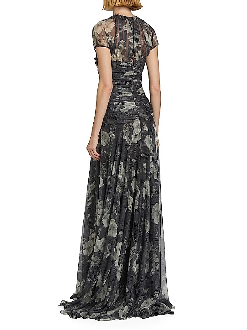 Ruched Floral Chiffon Gown