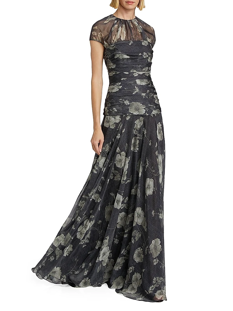 Ruched Floral Chiffon Gown