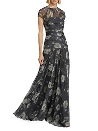 Ruched Floral Chiffon Gown