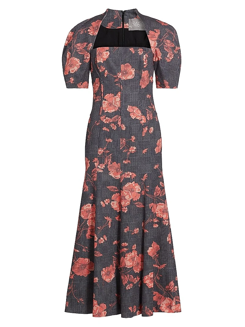 Floral Glen Check Bubble-Sleeve Dress