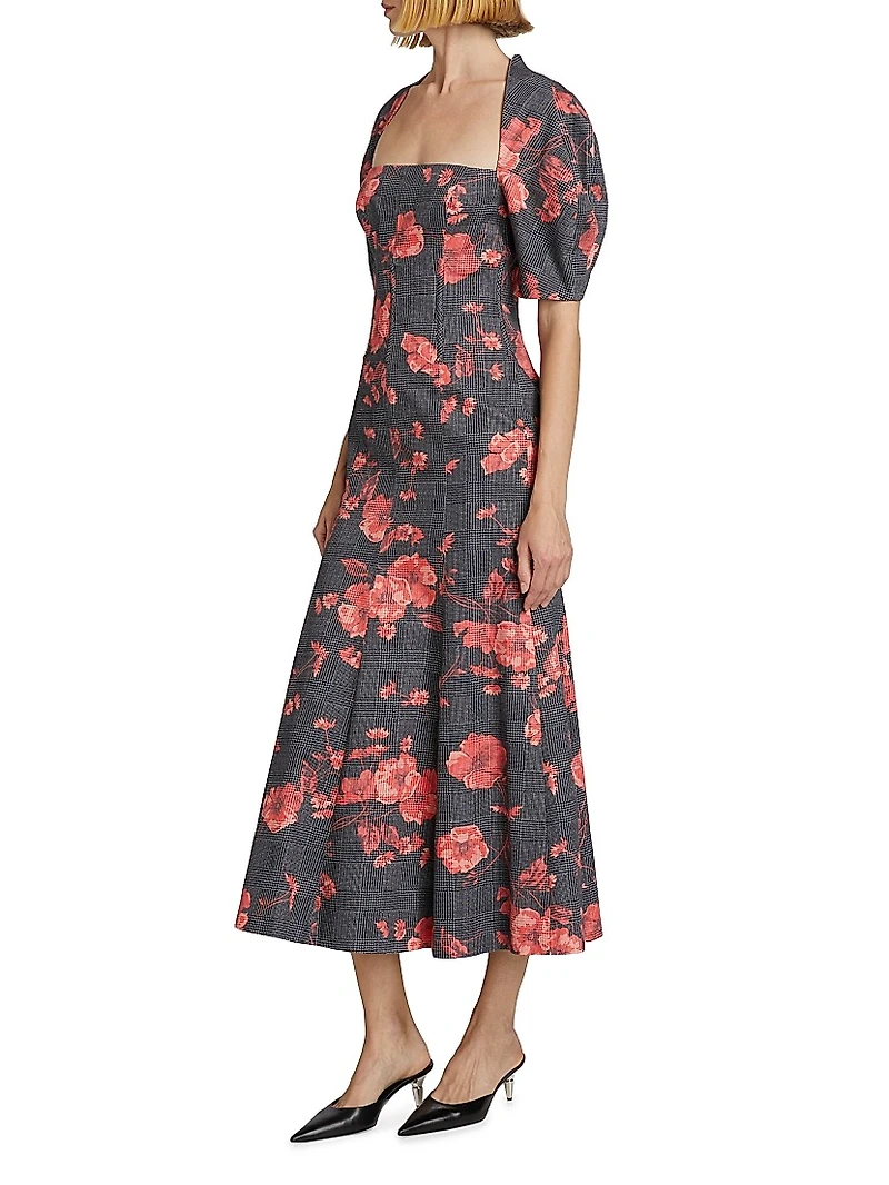 Floral Glen Check Bubble-Sleeve Dress