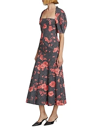 Floral Glen Check Bubble-Sleeve Dress