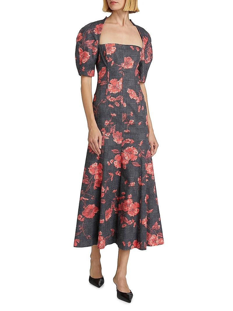 Floral Glen Check Bubble-Sleeve Dress