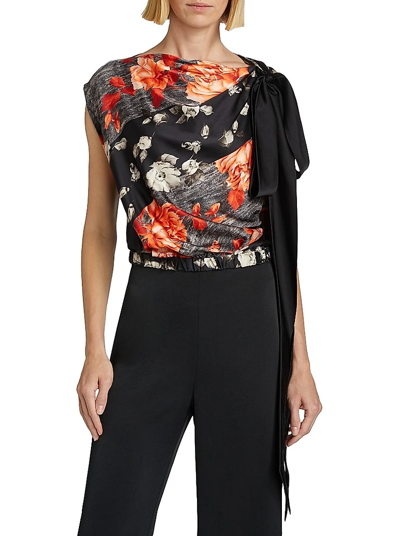 Bow-Detailed Printed Draped Top
