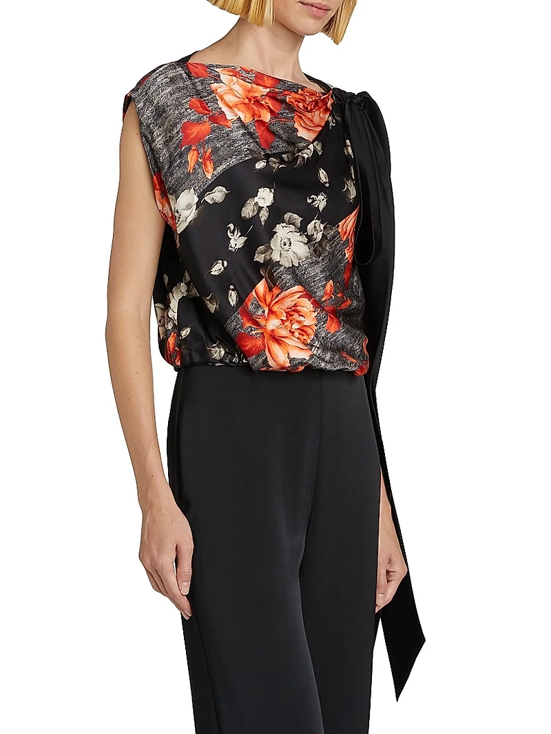 Bow-Detailed Printed Draped Top