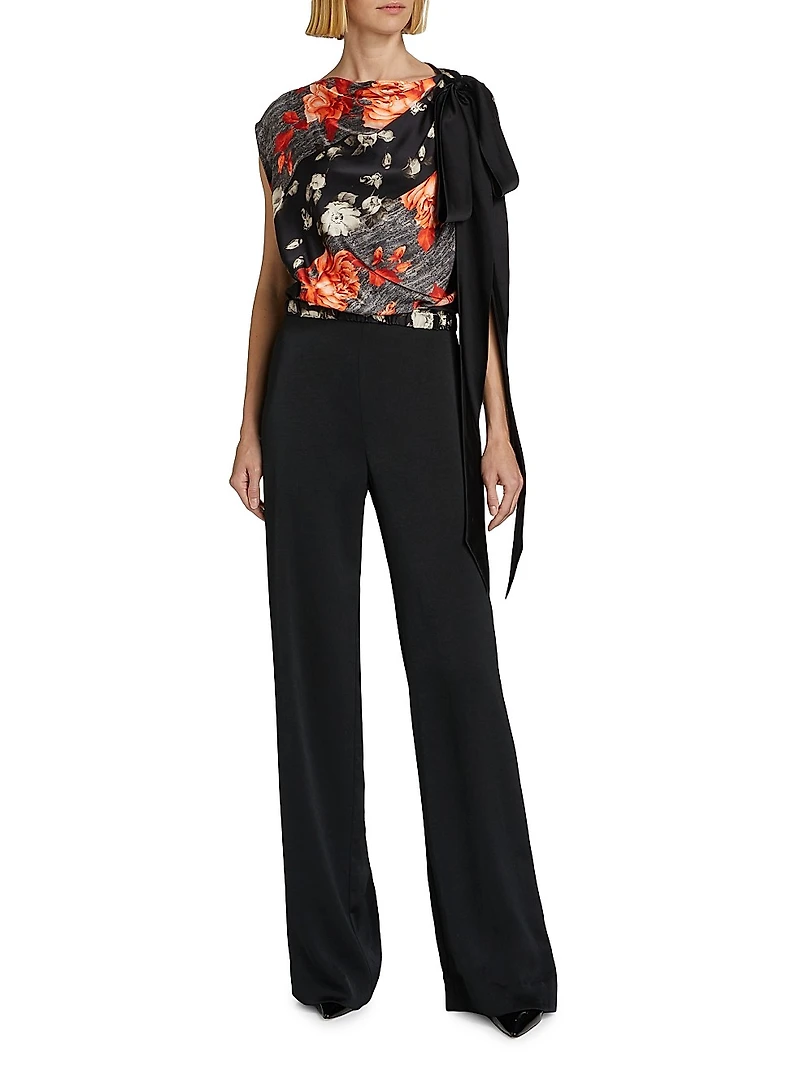 Bow-Detailed Printed Draped Top