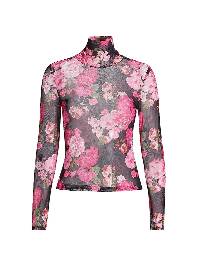 Tyla Floral-Mesh Turtleneck Top