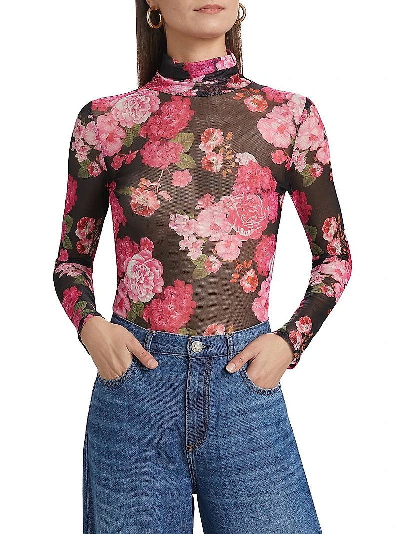 Tyla Floral-Mesh Turtleneck Top