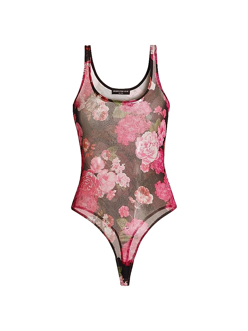 Gigi Floral-Mesh Scoopneck Bodysuit