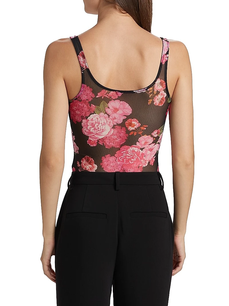 Gigi Floral-Mesh Scoopneck Bodysuit