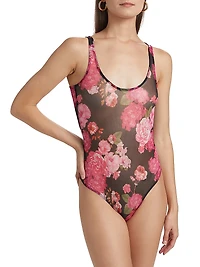 Gigi Floral-Mesh Scoopneck Bodysuit