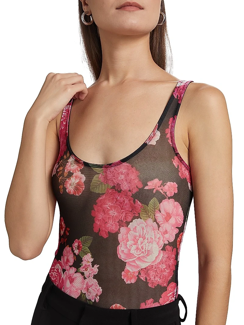 Gigi Floral-Mesh Scoopneck Bodysuit