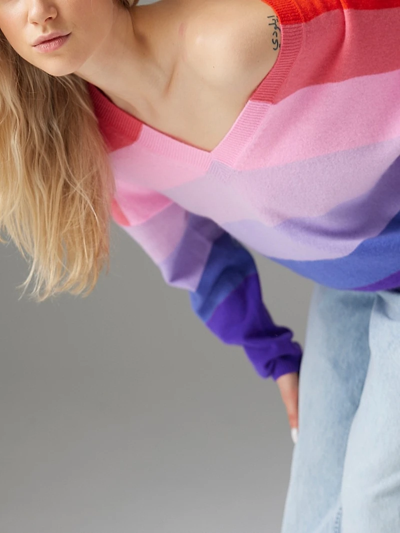 Striped V-Neck Cashmere Sweater