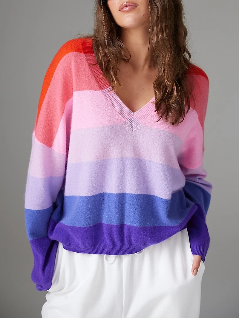 Striped V-Neck Cashmere Sweater