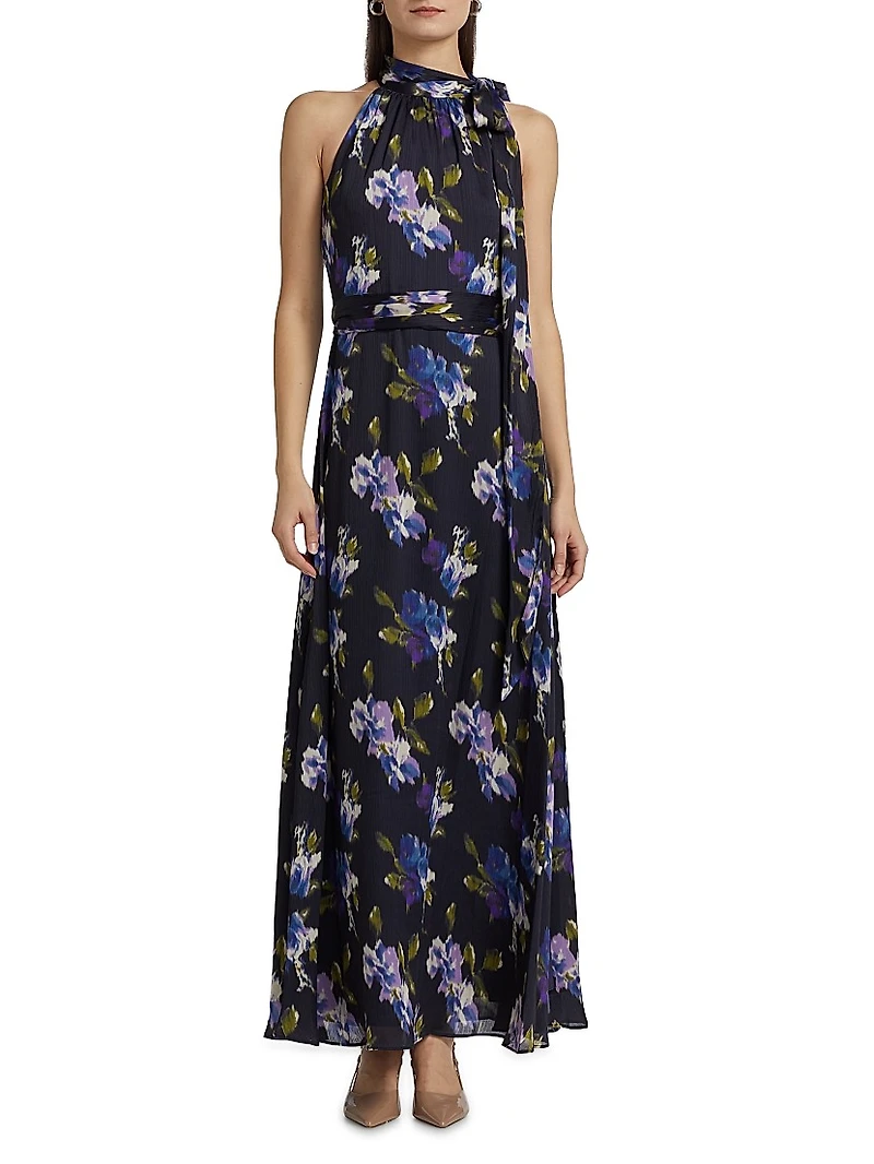Kayla Floral Tie-Neck Gown