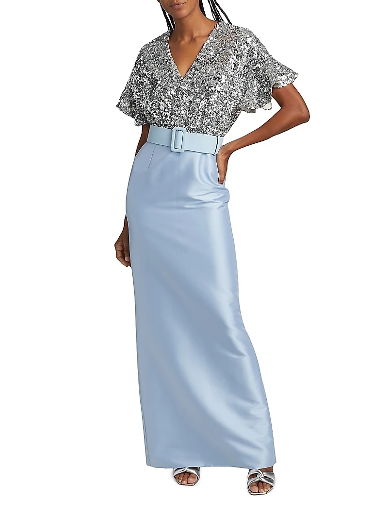 Marlene Sequin & Mikado Column-Skirt Gown