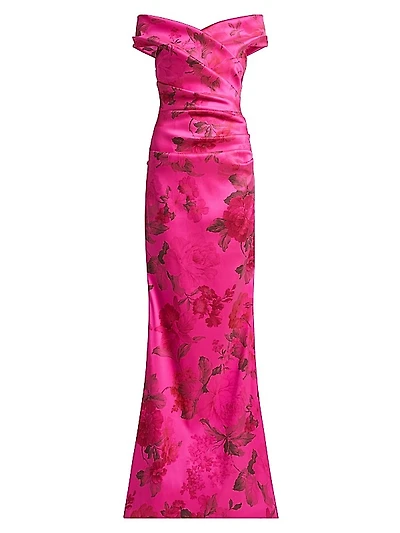 Floral Stretch Gazar Off-The-Shoulder Gown