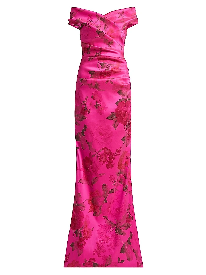 Floral Stretch Gazar Off-The-Shoulder Gown