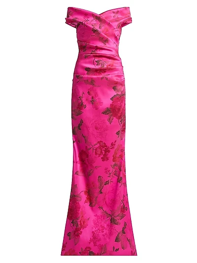 Floral Stretch Gazar Off-The-Shoulder Gown