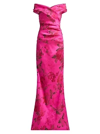 Floral Stretch Gazar Off-The-Shoulder Gown