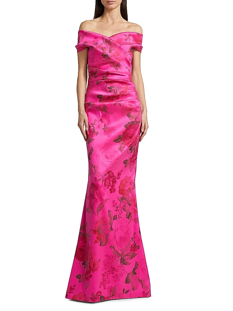 Floral Stretch Gazar Off-The-Shoulder Gown
