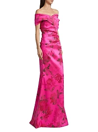 Floral Stretch Gazar Off-The-Shoulder Gown