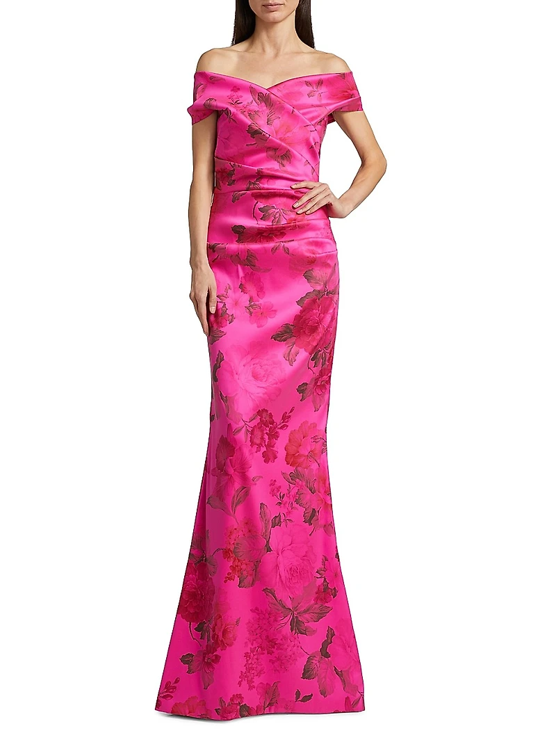 Floral Stretch Gazar Off-The-Shoulder Gown