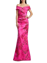 Floral Stretch Gazar Off-The-Shoulder Gown