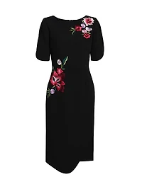 Floral Embroidered Crepe Boatneck Midi-Dress