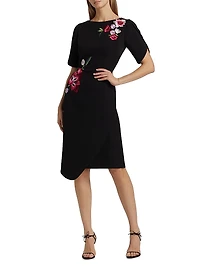 Floral Embroidered Crepe Boatneck Midi-Dress