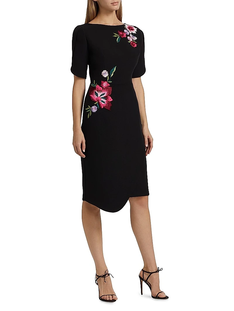 Floral Embroidered Crepe Boatneck Midi-Dress