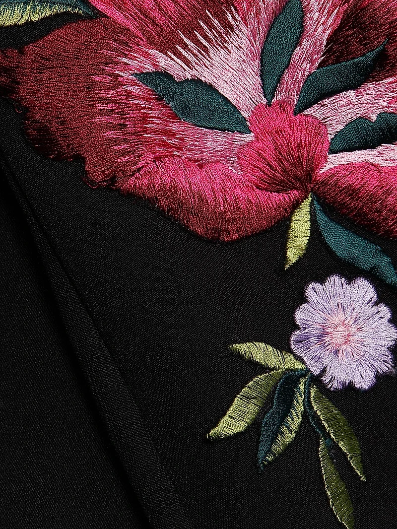 Floral Embroidered Crepe Boatneck Midi-Dress