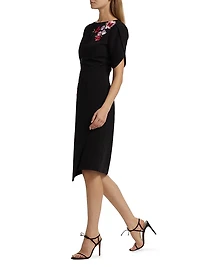 Floral Embroidered Crepe Boatneck Midi-Dress