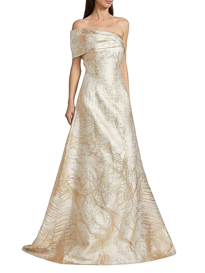 Metallic Jacquard Fit & Flare One-Shoulder Gown