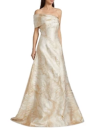 Metallic Jacquard Fit & Flare One-Shoulder Gown