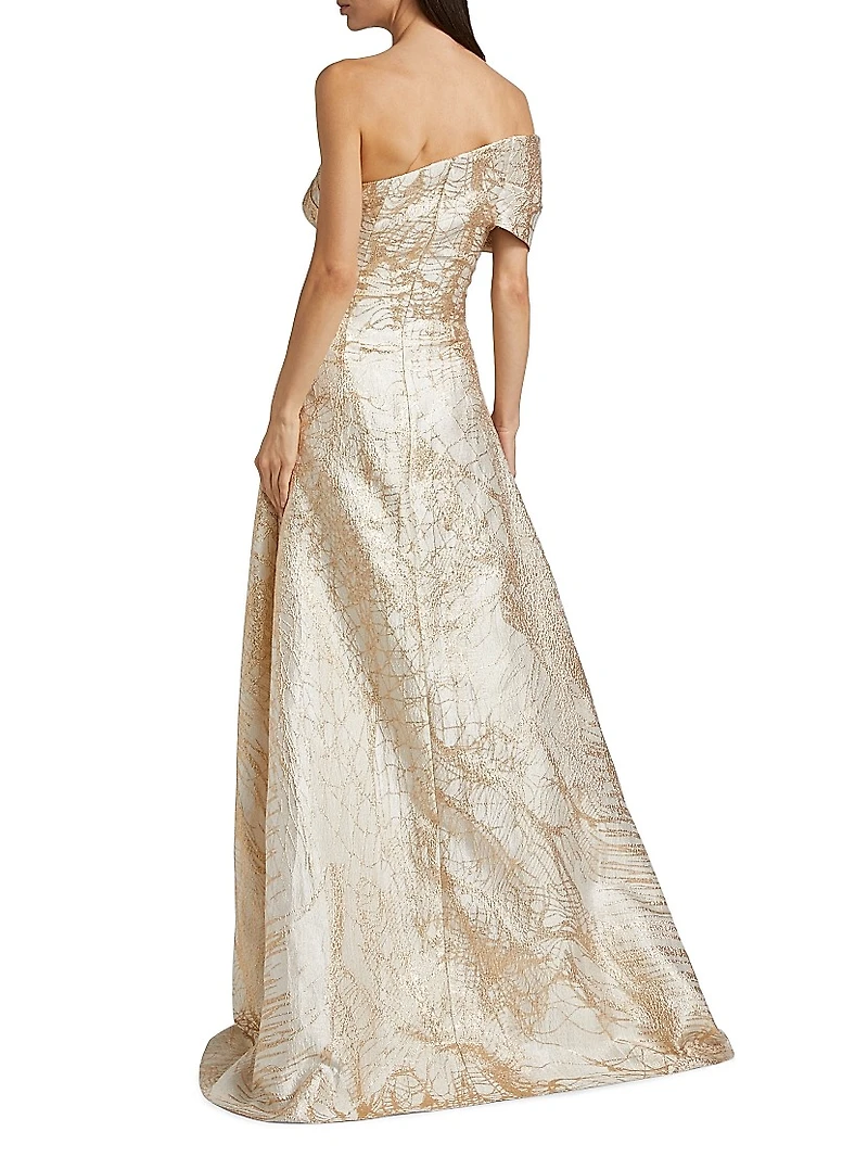 Metallic Jacquard Fit & Flare One-Shoulder Gown