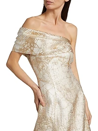 Metallic Jacquard Fit & Flare One-Shoulder Gown