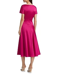 Satin A-Line Cowlneck Midi-Dress