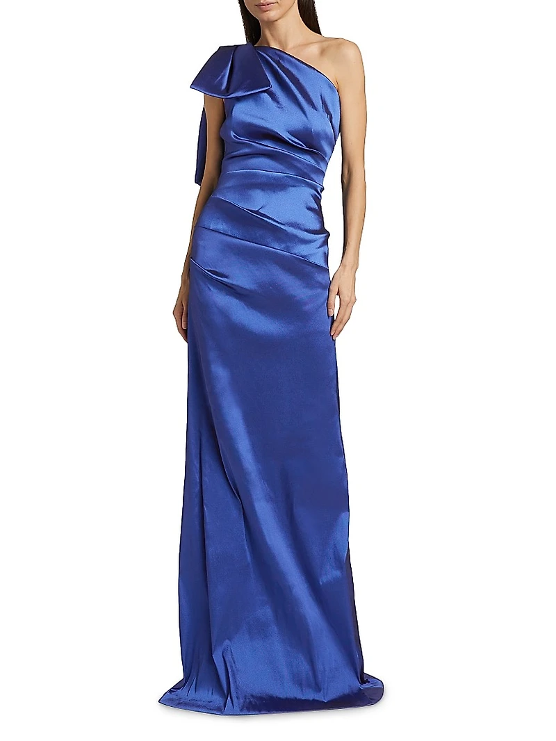 Bow Stretch Gazar One-Shoulder Gown
