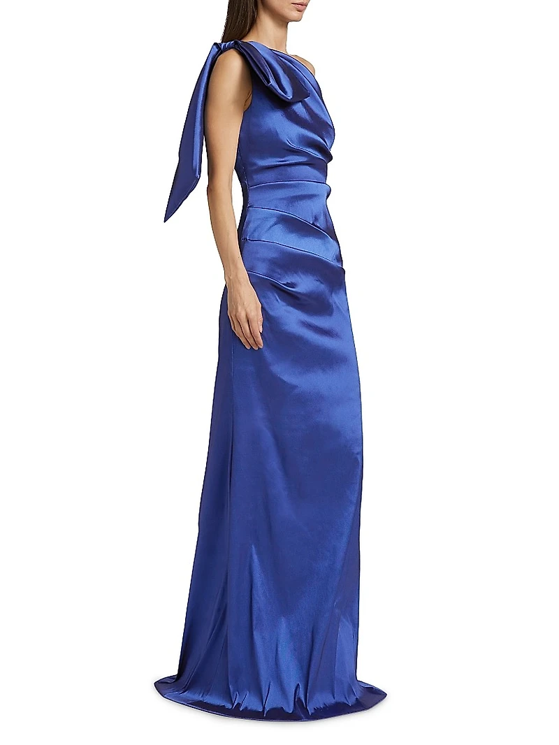 Bow Stretch Gazar One-Shoulder Gown