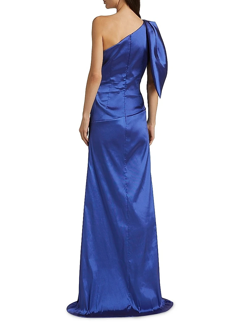 Bow Stretch Gazar One-Shoulder Gown