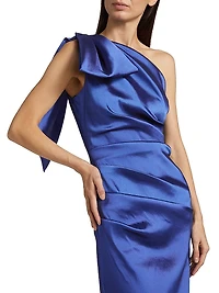 Bow Stretch Gazar One-Shoulder Gown