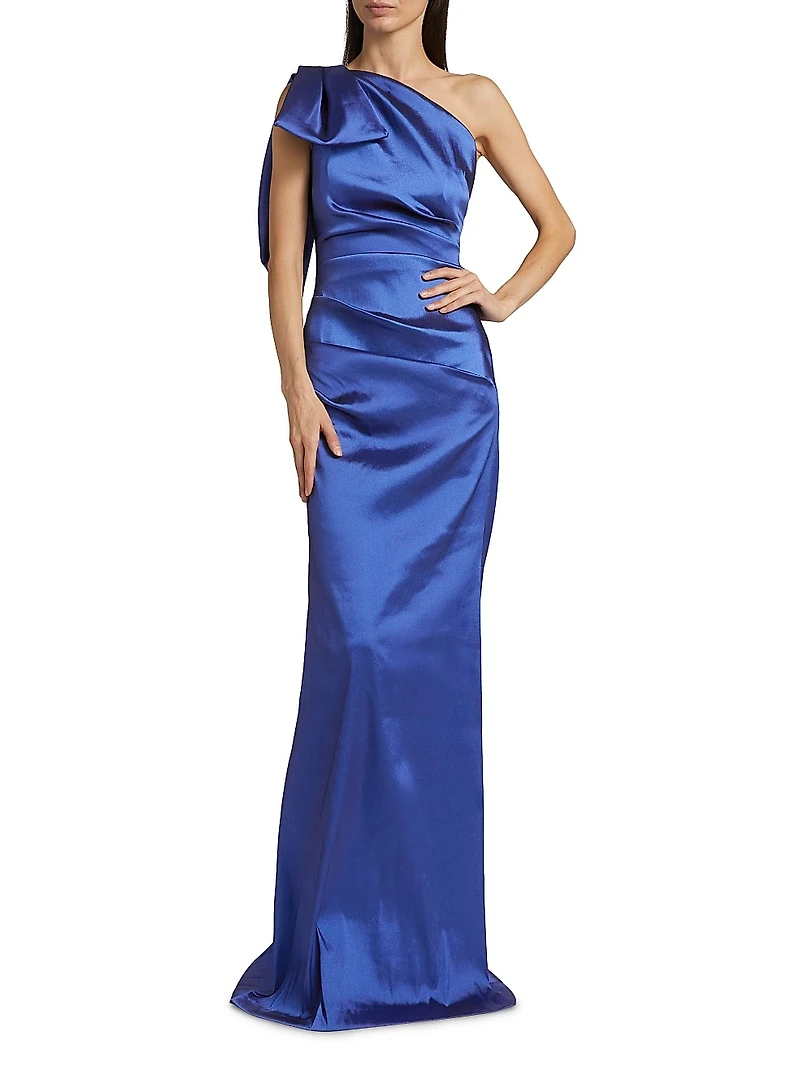 Bow Stretch Gazar One-Shoulder Gown