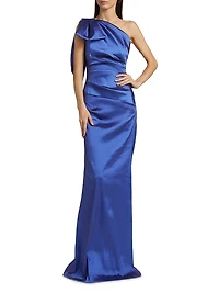 Bow Stretch Gazar One-Shoulder Gown